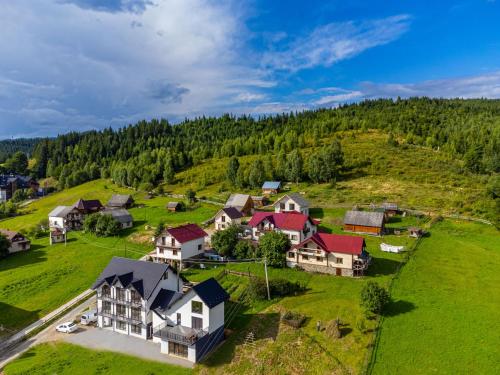 uma vista aérea de uma casa numa colina verde em Comfort House em Bukovel