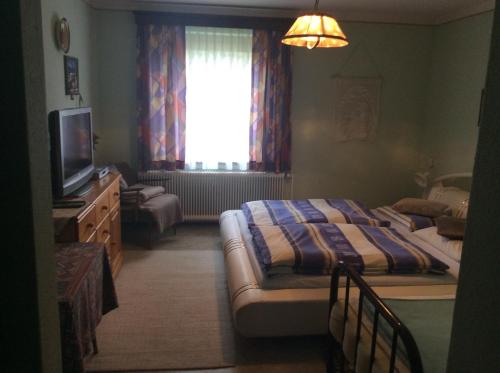 een slaapkamer met een bed, een tv en een raam bij Mooswirt in Ranten