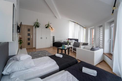 梅萊茨的住宿－Apartament Wschodni，一间带两张床的卧室和一间客厅