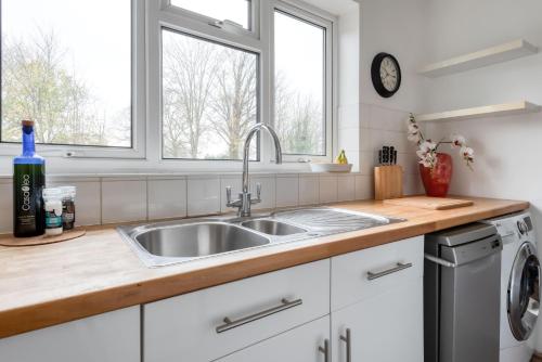 uma cozinha com um lavatório e uma janela em The Albert Road Flat em Worcester