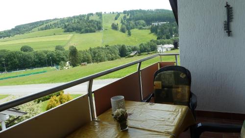 a balcony with a table and a view of a field at Ferienhaus am Sonnenhang in Willingen