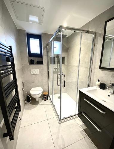 a bathroom with a shower and a toilet and a sink at Jungle garage privé netflix in Saint-Étienne