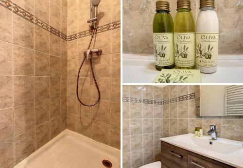 La salle de bains est pourvue d'une douche et d'une bouteille de vin. dans l'établissement Nestor&Jeeves - CITRONNIER AZUR - Central - Close sea - Balcony, à Nice