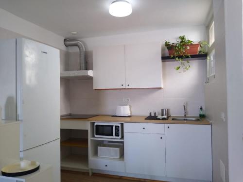 una pequeña cocina con armarios blancos y microondas en Vergara J, en La Frontera