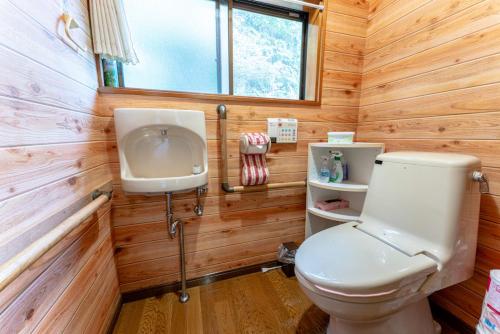 a small bathroom with a toilet and a sink at Bunzaemon in Itoigawa