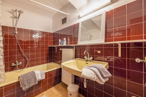 Gailtal Appartements Nähe Skigebiet في Wertschach: حمام مع حوض ودش وحوض استحمام
