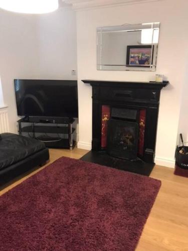 a living room with a fireplace and a flat screen tv at Tinnins Cottage in Newry