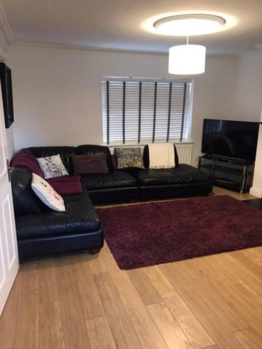 a living room with a black leather couch and a rug at Tinnins Cottage in Newry