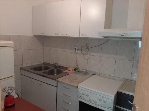 Il comprend une petite cuisine équipée d'un évier et d'une cuisinière. dans l'établissement IV2020 apartment, à Skopje