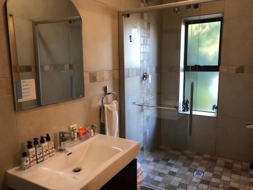 a bathroom with a sink and a shower at Wellington Country House in Wellington