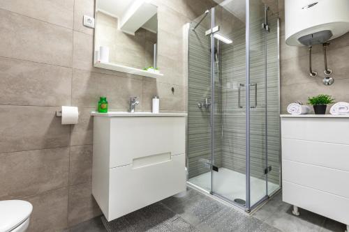 a bathroom with a shower and a sink and a toilet at MB Apartment 2 in Subotica