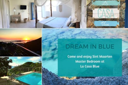 un collage de fotos con una habitación de hotel y una piscina en Aquamarine, private room in Villa Casa Blue pool sea view en Koolbaai