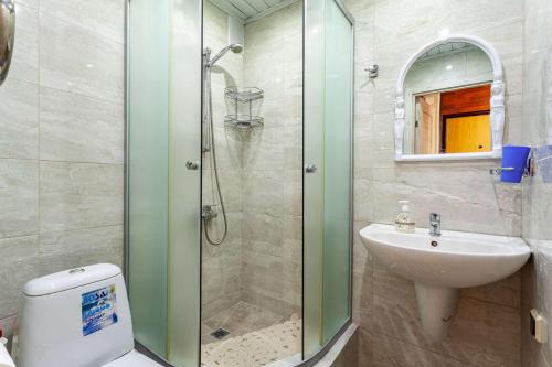 een badkamer met een douche, een wastafel en een toilet bij Business Brusnika Apartments Arbatskaya in Moskou