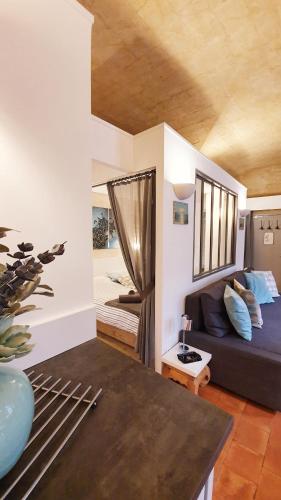 un salon avec un canapé et une table dans l'établissement Appartement dans Hotel de Flaux, à Uzès