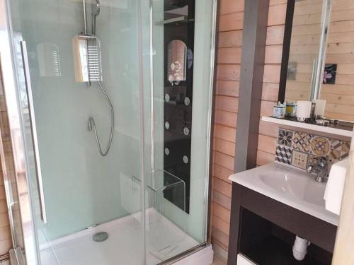 La salle de bains est pourvue d'une douche et d'un lavabo. dans l'établissement Chalet Cosy, à Audenge