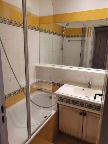 une salle de bain avec une baignoire, un lavabo et un miroir dans l'établissement Appartement 4 ou 5 pers Vue Mer Climatisé Golfe de St Tropez Grimaud Les Restanques, à Grimaud
