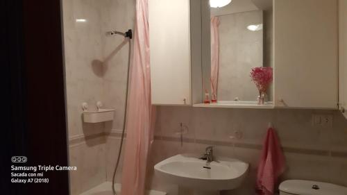 y baño con lavabo, aseo y ducha. en Apartamentos Virita Coqueto Apartamento vacacional, próximo a la playa en A Coruña