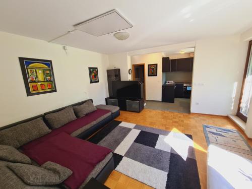 uma sala de estar com um sofá e um tapete em Izola near the sea em Izola