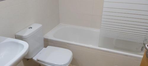 a white bathroom with a toilet and a shower at Condado de alhama, naranjos 8 in Alhama de Murcia