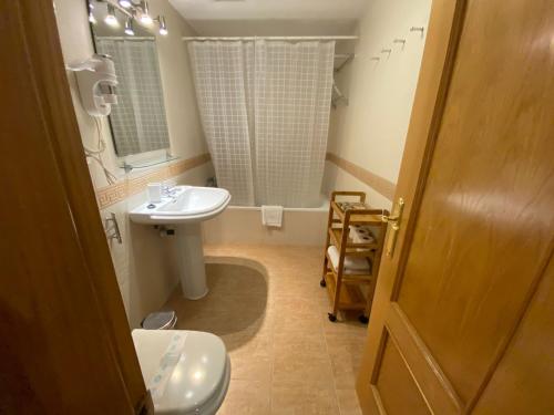 La salle de bains est pourvue d'un lavabo, de toilettes et d'un miroir. dans l'établissement Apartamento Formigal - Sallent de Gállego, à Sallent de Gállego