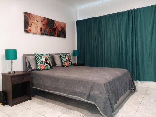 1 dormitorio con 1 cama grande y cortinas verdes en Hallandale Studio with pool en Hallandale Beach