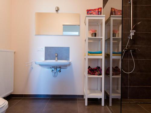 ein Badezimmer mit Waschbecken und Dusche in der Unterkunft Coq au lit in De Haan