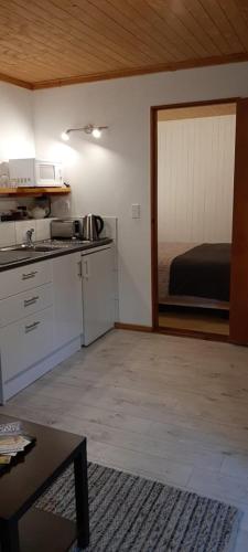 a room with a kitchen and a bedroom with a bed at Buena Vista Apartment in Marahau