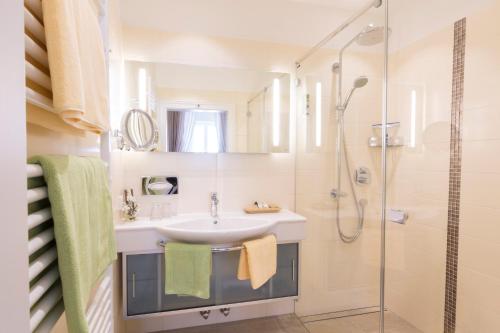 uma casa de banho com um lavatório e um chuveiro em Barock-Landhof Burkhardt em Spitz
