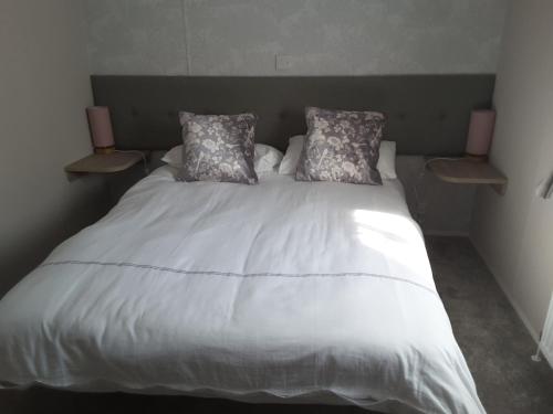 a white bed with two pillows on top of it at No 46 Coorie-in in Boat of Garten