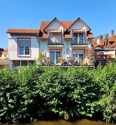 a large house with a balcony and bushes at Muemling Apartment 1 in Erbach im Odenwald