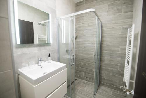 Un baño con lavabo y ducha con espejo. en Galeria Apartments, en Demänovská Dolina