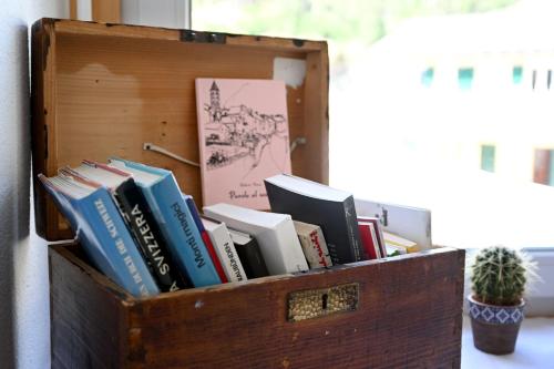 a wooden box filled with books next to a window at Agriturismo Miravalle in Brusio