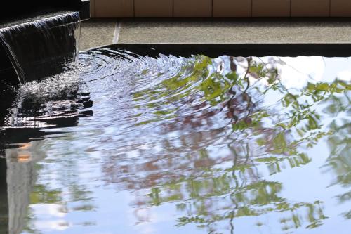 a water fountain with a reflection of trees in the water at Fuji Matsuzono Hotel in Yamanakako