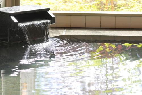 a water fountain in the middle of a pool at Fuji Matsuzono Hotel in Yamanakako
