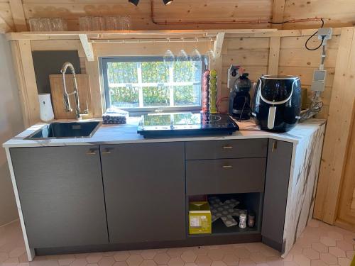 eine Küche mit einer Spüle und einer Arbeitsplatte in der Unterkunft Luxe Finse Kota met Jacuzzi en SaunaBarrel de Zandhoef in Eersel