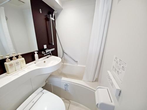 uma casa de banho com um WC, um lavatório e um espelho. em Akasaka Urban Hotel Annex em Tóquio