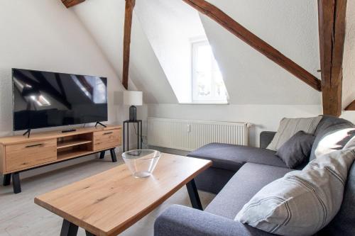 a living room with a couch and a tv and a table at Ferienwohnungen im Weingarten Quedlinburg in Quedlinburg