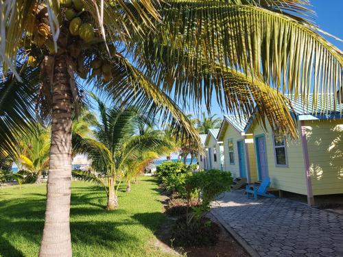 uma palmeira em frente a uma casa amarela em Royal Caribbean Resort em San Pedro