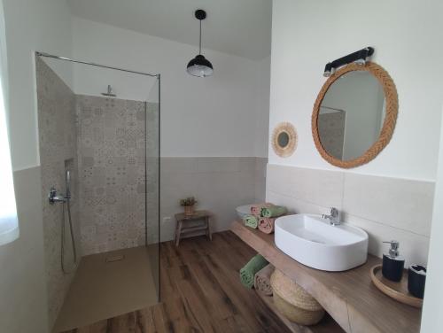 W łazience znajduje się umywalka i prysznic. w obiekcie LORA GIUSTA GUEST HOUSE w Como