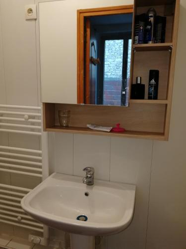 une salle de bain avec un lavabo blanc et un miroir dans l'établissement LOUE STUDIO PROPRE !, Endroit très calme, à 5 minutes gare mantes la jolie,, à Mantes-la-Jolie