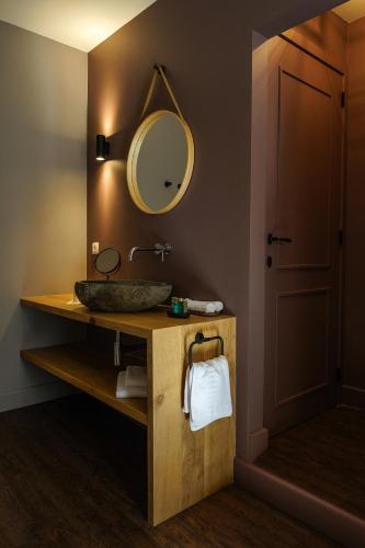 a bathroom with a sink and a mirror at Les Terrasses des Falizes B&B in Rochefort