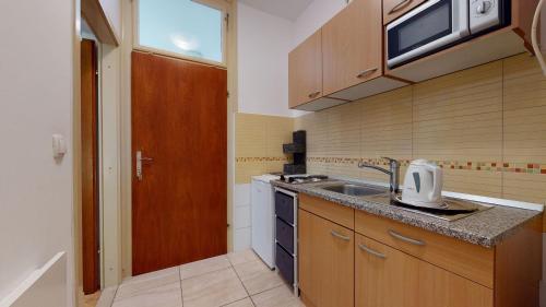 una piccola cucina con lavello e microonde di Villa Ivanišević a Omiš (Almissa)