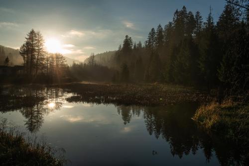 a river with the sun reflecting in the water at VISLOW Resort in Wisła