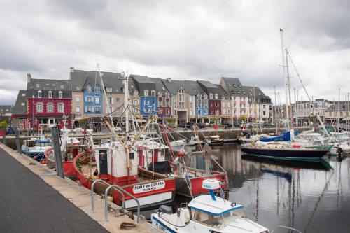 Un grupo de barcos atracados en un puerto con edificios. en Appartement de 60m2 à 2 pas du port de Paimpol, en Paimpol