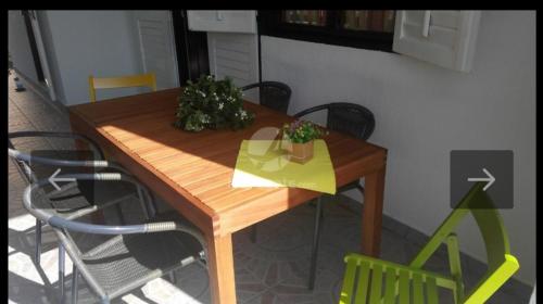 a wooden table with two plants on top of it at Kuća za odmor Ana in Ražanac