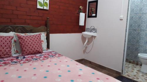 1 dormitorio con 1 cama y lavamanos. en Aconchego Caminho das Cachoeiras, en Rio Acima