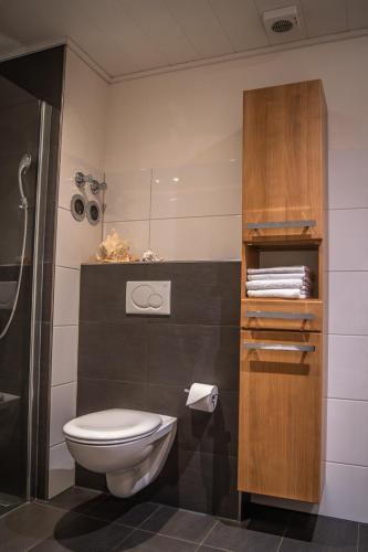 a bathroom with a toilet and a shower at MINAROSO appartements am badeparadies in Titisee-Neustadt