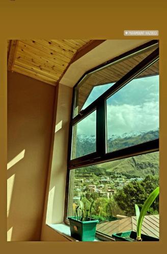 a window in a room with a plant at Paramount Kazbegi in Stepantsminda