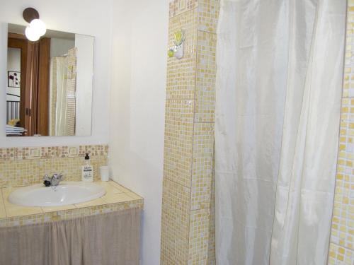 ein Bad mit einem Waschbecken und einem Duschvorhang in der Unterkunft Casa Samuel in Granadilla de Abona