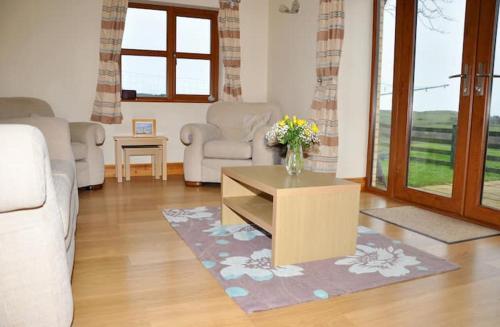 - un salon avec un canapé et une table basse dans l'établissement Blaengader Cottages DINAS, à Aberystwyth